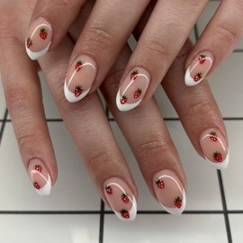 White French Tip Press on Nails Short Almond Fake Nails Cute False Nails with Strawberry Fruit Designs Nude Stick on Nail Full Cover Glossy Glue on Nail for Women Girls 24Pcs
