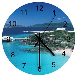 EQEY St Thomas US Virgin Islands Wall Clock Silent Non Ticking Round Home Decor Wooden Wall Clock Round Easy to Read for Home Office School Clock, 12 Inch