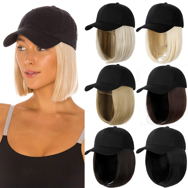 Qlenkay Baseball Cap with Hair Extensions Straight Short Bob Hairstyle Adjustable Removable Wig Hat 14inch for Woman Girl Medium Brown