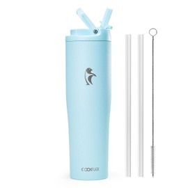 Coolflask Slima Isolierte Wasserflasche, Edelstahlbecher mit Strohhalm und Griff, passend für Auto-Becherhalter, auslaufsicherer Krug für Sport, Reisen, Büro, spülmaschinenfest, Blau
