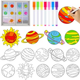 Qyeahkj 30 Set Solar System Arts Crafts for Kids Outer Space Suncatchers Craft Kit DIY Coloring Craft Window Cling Sticker with Markers Planet Party Kids Gift for School Classroom Ornament Decorations