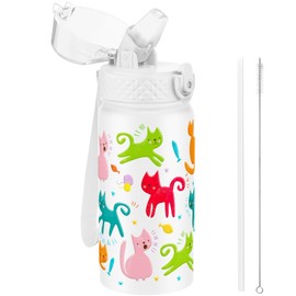 GOPPUS 550ml/18oz Kids Insulated Water Bottle with Straw Cute Double Wall Stainless Steel Child's Small Flask Vacuum Insulated Steel Metal Leak Proof Drink Flask Boys Toddler Girls Flask BPA-Free