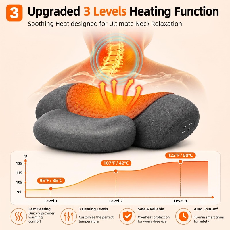 Cordless Heated Neck Massager Pillow, 3-in-1 Rechargeable Neck Stretching Device