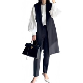 YUANYUAN Women's 2-Piece Set, Long Gilet + Gaucho Pants, Top and Bottom Set, Gilet Setup, Suit, Center Button, V-Neck, Sleeveless, Back Slit, Office, Business, Stylish, OL, Mom, Commute, Recitals,
