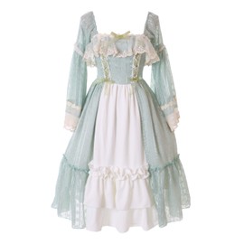 Kawaii-Story JL-678 Elegant Green Beige Ruffle Vintage Chiffon Patterned Dress Baroque Victorian Lace Classic Gothic Lolita Costume Cosplay (M-L)