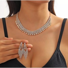 Unbranded Luxurious Full Diamond Collar Bone Necklace Earrings Set Gold or silver