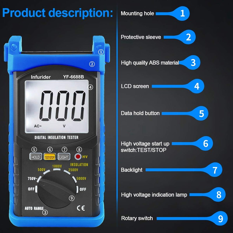 INFURIDER YF-6688B Digital Insulation Resistance Tester MegOhmmeter DC AC Voltmeter,Test