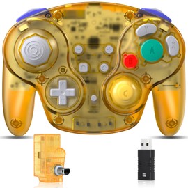2.4 GHz Wireless GameCube Switch Pro Controller, for NGC GameCube Console, Switch/Switch OLED, PC, Steam Deck (Built-in Rumble) (Rechargeable) (Plug and Play) Clear Yellow