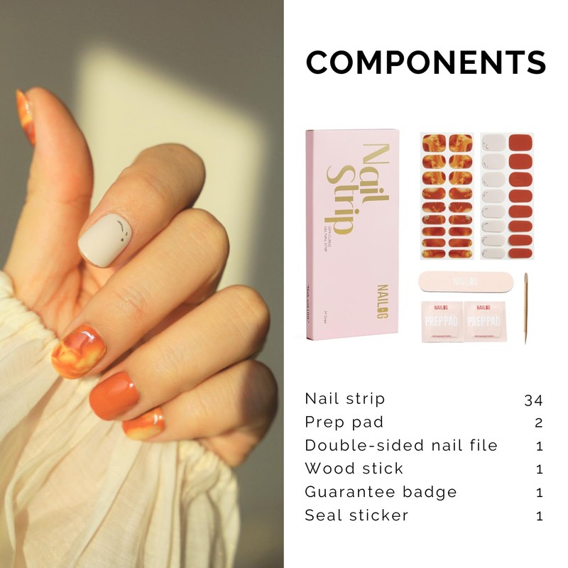 NAILOG Semi-cured Gel Nail Stickers (34 Pieces), Nail Seal Curing