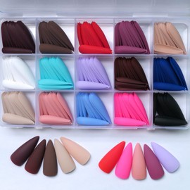 LoveOurHome 300pc Matte Stiletto Press on Nails Long Pointy Colored Fake Nail Tips Full Cover French Artificial Fingernails 15 Colors for Women Teen Grils Manicure Design