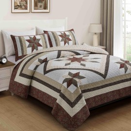 HUANXULISI California King Quilt red Boho Vintage Patchwork for King Size Bed - 100% Cotton Farmhouse Quilt（118x102Inch） with Star and Flower Pattern Bedding Sets ﻿