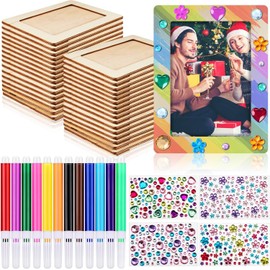 Thrseely Picture Frame Painting Craft Kit for 4 * 6 Photo,10Pcs DIY Unfinished Wooden Picture Frames with 12Pcs Painting Color Pen 4 Sheets Crystal Diamond Stickers for DIY Craft