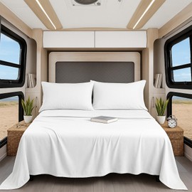 Shreem Linen Luxury 4 Piece Microfiber RV Sheet Set, Deep Pocket Fits Up to 10 inch, Soft, Wrinkle-Resistant, Camper, Travel Trailer Bedding, Bunk 28x75, White