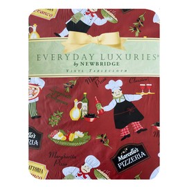 Newbridge Italian Red Bistro Chef Vinyl Flannel Backed Tablecloth, Novelty Chef Indoor/Outdoor Waterproof Tablecloth, Picnic, Barbeque, Patio and Kitchen Dining, 60 Inch x 102 Inch Oblong/Rectangle