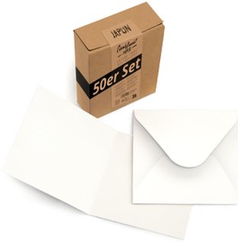 Japun - Set of 50 square blank folding cards including envelopes, folding cards for designing, labelling or printing - white