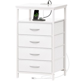 Huuger Night Stand with Charging Station, Multiple Drawer Dresser for Bedroom, Bedside Table, Tall Nightstand with PU Leather Finish, Open Shelf, End Table, for Closet, Entryway, Bedroom, White