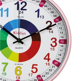 Kiddus Children's Wall Clock Analogue Time Teacher with Time Learning Exercises Silent Clock Many Languages Italian XL Pink