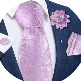 TASTION Mens Lavender Lilac Paisley Ties for Men Classic Wedding Necktie and Lapel Pin Woven Handkerchief Cufflinks Set (lavender)