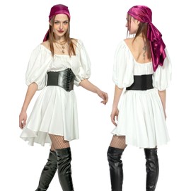 kasahara Pirate Costume Women Set 4pcs Medieval Pirate Off Shoulder Dress Summer Outfit Dress with Corset, Stocking, Headscarf (White, M)