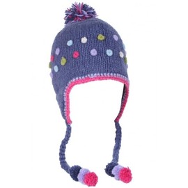 Pachamama Women Wool Beanie Bobble Hat Ear Flaps Fleece Lined Handknitted Textured Dots Denim Multicoloured One-Size Handmade Extra Warm Fair Trade