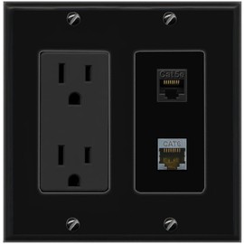 RiteAV 15A Power Outlet 1 Port CAT5E 1 CAT6-SHIELDED Jack Decorative Wall Plate [Black]