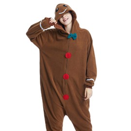 OGU' DEAL Unisex Gingerbread Onesie Pajamas Adult Cosplay Homewear Sleepwear Jumpsuit Costume Women Men Zip Up Brown