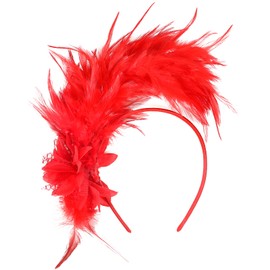MWOOT Feather Hair Band, 1920s Fascinator Headpiece for Women, Red Feather 20s Headband with Artificial Flowers for Carnival, Cocktail, Wedding, Tea Party Accessories