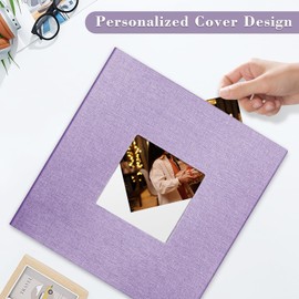 HoneyTolly Large Photo Album Self Adhesive with Picture Display Window, DIY Scrapbook Album for 4x6 8x10 Pictures, 40 Pages Light Purple Linen Cover Memory Book with Scraper and Metallic Pen