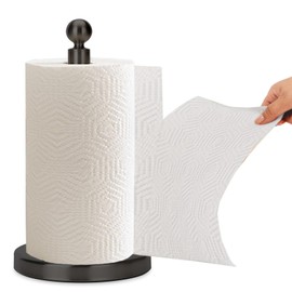 Kalitro Paper Towel Holder Countertop, Standing Paper Towel Roll Holder for Kitchen Bathroom, with Weighted Base for One-Handed Operation, No Wobbly (Stainless Steel Base, Black)