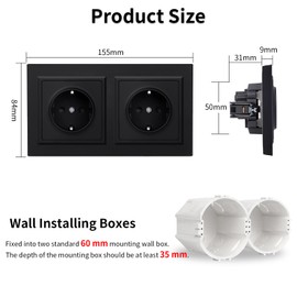 JIMEIDA Double Socket Black Smooth PC Surface with Hook, Not Vertical Mountable, 16 Amp Schuko Socket, 157 x 86 mm, 250 V