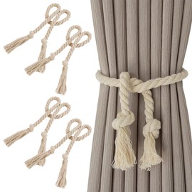 Pack of 4 Curtain Rope Tiebacks, Curtain Rope, Curtains Tiebacks Beige Cotton, Tiebacks for Curtains Holder, Curtain Rope Buckle, Curtain Holder for Home Office Curtain Decoration