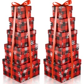 Fulmoon 10 Pcs Christmas Nesting Gift Boxes with Lids & Ribbon Snowflake Buffalo Plaid Square Stackable Boxes Black Red Nested Present Wrapping for Xmas Winter New Year Holiday Party Decor Favor