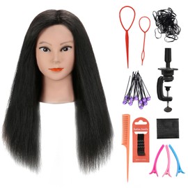 Armmu 20-22" 100% Human Hair Mannequin Head Hair Practice Training Head Cosmotology Doll Head for Hairdressers with Clamp- Natural Black