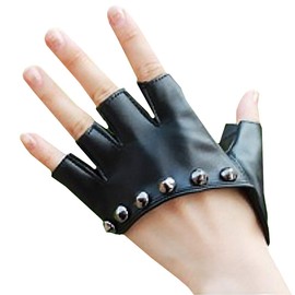 White Fang NT065 Women's Leather Gloves Fingerless Punk Rock Studded Cosplay Gloves (01: Black)