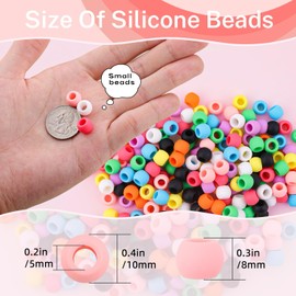 90Pcs Small Silicone Beads for Hair, 8 * 10 mm Soft Pink Mix Colors Pony Silicone Hair Beads for Braids with 50 Rubber Bands and 1 Beader for Braiding, DIY Bracelets Necklaces Crafts