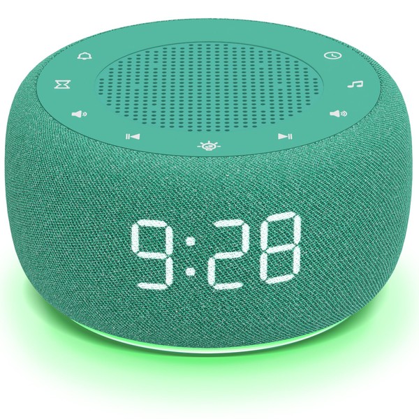 Buffbee Sound Machine & Alarm Clock 2-in-1, 0-100% Clock Face Brightness, Bottom Colored Light, Sleep Timer, Precise 30-Level Volume Control White Noise Machine, Alarm Clocks for Bedrooms - Green