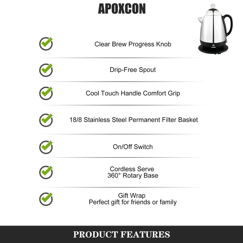 APOXCON Electric Coffee Percolator Stainless Steel Coffee Maker with Clear