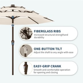 PatioKingdom 9FT 3 Tiers Patio Umbrella,Outdoor Table Market Umbrella with 8 Fiberglass Ribs for Pool,Deck, Garden,Backyard,Cream White