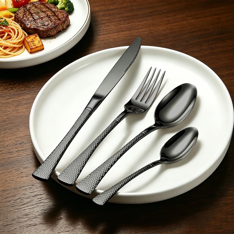 Hammered Black Stainless Steel 20-Piece Flatware Set