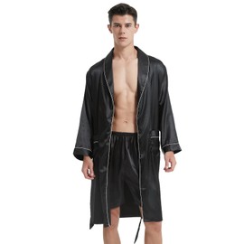 Haseil Men's Luxurious Kimono Robe with Shorts Silk Satin Bathrobes Lightweight Long Sleeve Sleepwear Set, Black1, Tagsize5XL=USsize2XL