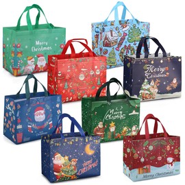 Aviski 8PCS Christmas Gift Bags,Christmas Tote Bags with Handles, Christmas Treat Bags, Multifunctional Non-Woven Christmas Bags for Gifts Wrapping Shopping, Xmas Party Supplies, 12.8×9.8×6.7inch
