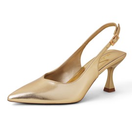 Elisabet Tang Women's Kitten Heel Slingback Low Pumps 3 Inches Stiletto Pointed Closed Toe Elegant Dressy Bridal Wedding Party Shoes Gold 7.5