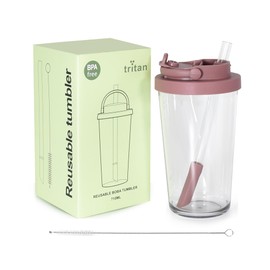sweet grain Reusable Boba Tumbler - 24oz Tritan Iced Coffee Cup with Lid and Straw, BPA Free Leakproof Bubble/Boba Tea Cups with Carry Handle - Smoky Pink