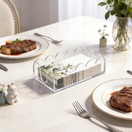 PTYTIFY Thick Acrylic Napkin Holder for Table, Guest Disposable Hand Towel Holder Scalloped Tray for Paper Napkins, Clear Paper Towel Holders for Bathroom, Kitchen, Party, Wedding (9×5×2.45in)