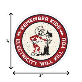 Remember Kids Electricity Will Kill You Sticker - Hard Hat Stickers, Reddy Kilowatt Warning Stickers; Set of 5 - Ideal for Electrician's Hard Hat, Laptop, Water Bottle, Car, and Helmet