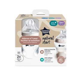 Tommee Tippee - Baby bottles, Natural Start anti-colic bottle, 260 ml, breast-like teat, anti-colic valve, self-sterile, accessories, pack of 2