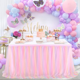 QueenDream Pink Tulle Table Skirt 6ft Rainbow Tutu Table Skirts for Rectangle Tables Unicorn Birthday Princess Girl Baby Shower Party