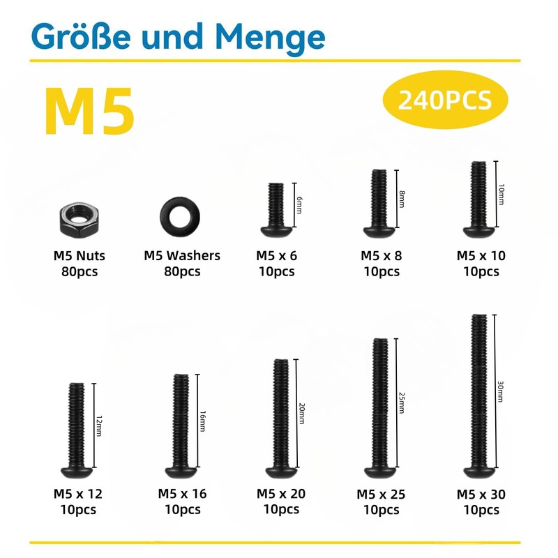 WZHUIDA 240 Piece M5 Screws Set, Black Metric Rounded Head