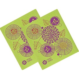 Trendy Tripper Swedish Dishcloth, Jenn Ski Mid-Century Modern Design - Floral Flowers (Red + Purple on Applegreen) (2)