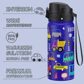 GOPPUS Kids Water Bottle (Straw Lid) - 18 Oz Stainless Steel Travel Bottle, Double Wall Vacuum Leak Proof Kids Cup for School Boys Girls,Blue engineering car